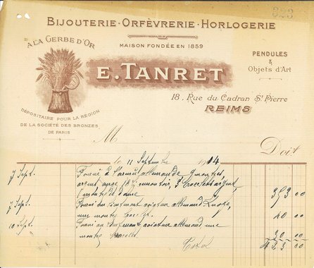 Réquisition allemande auprès de la bijouterie A la Gerbe d’Or, 11 septembre 1914