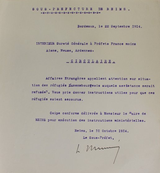 Circulaire concernant la demande de secours pour les réfugiés luxembourgeois, 22 septembre 1914