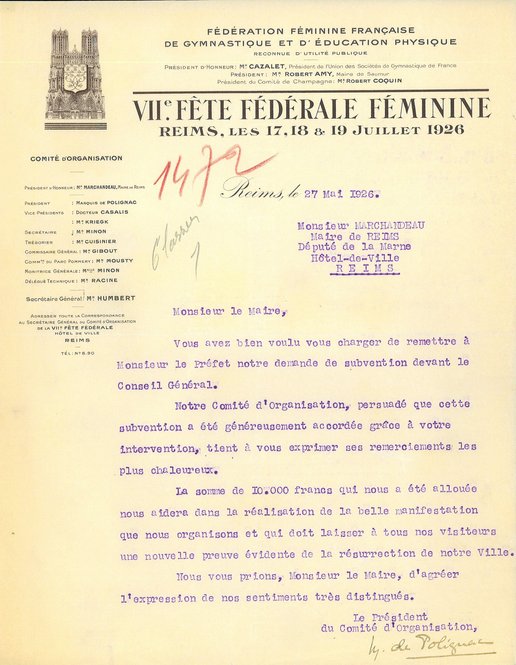 Courrier relatif à l’organisation de la 7e fête fédérale féminine de gymnastique, 27 mai 1926