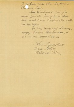 Lettre de Léon Baudrillart réfugié dans une situation difficile à Chalon-sur-Saône adressée au maire lui demandant d’intercéder en sa faveur pour obtenir un laissez-passer pour pouvoir rentrer à Reims, 24 octobre 1918 