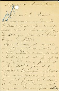 Lettre de G. Belva demandant au maire un laissez-passer pour revenir et reprendre sa boulangerie en partie intacte, 1er novembre 1918 
