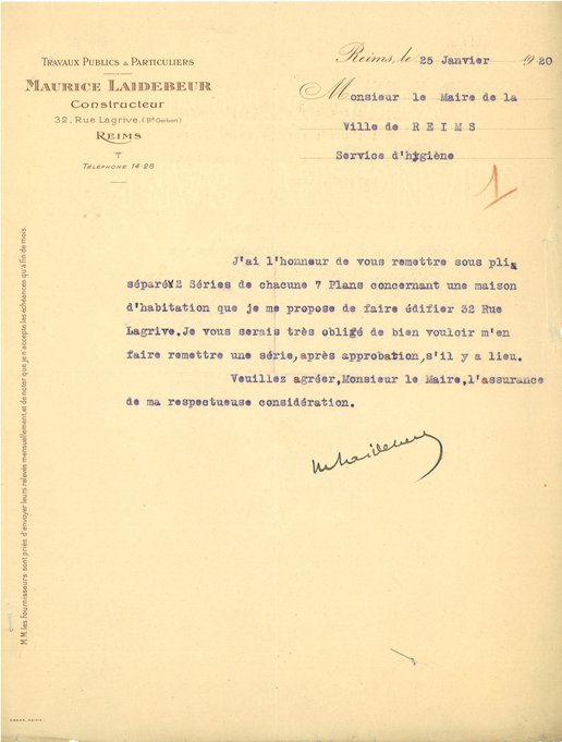 Premier permis de construire de la reconstruction : couverture du dossier, demande de Monsieur Laidebeur et plan de façade de la construction projetée, 25 janvier 1920 