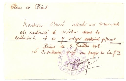 Autorisation d’accès à la cathédrale pour M. Ancel, 3 juillet 1918 