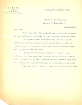 Lettre de la municipalité adressée à monsieur Couloumes concernant sa demande de retour pour travailler au ravitaillement de la ville, 28 octobre 1918 