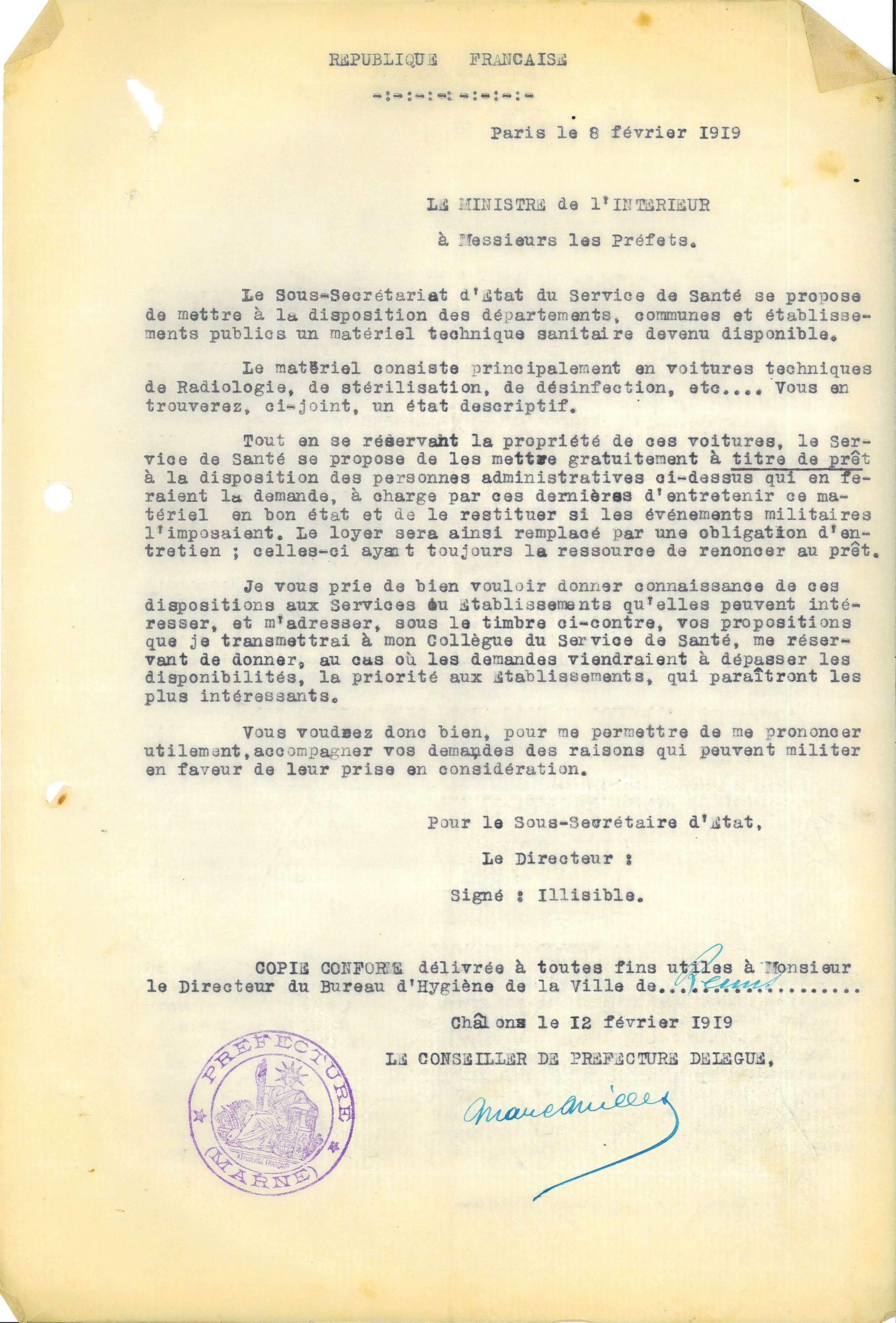 Lettre du ministre de l’Intérieur aux préfets proposant de mettre à leur disposition du matériel médical, accompagnée d’une description sommaire du matériel technique du service de santé militaire, 8 février 1919 