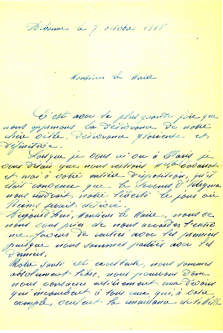 Lettre de Marie-Clémence Fouriaux au maire le 7 octobre 1918