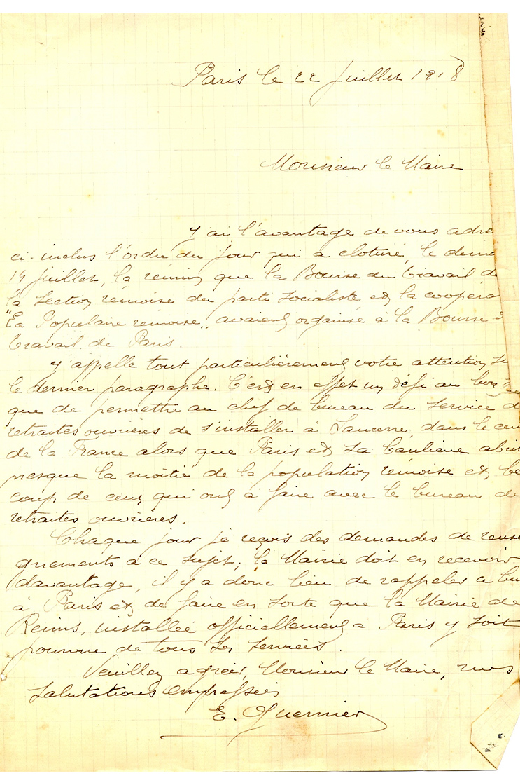 Lettre d'Emile Guernier, conseiller municipal, au maire à Paris, 22 juillet 1918